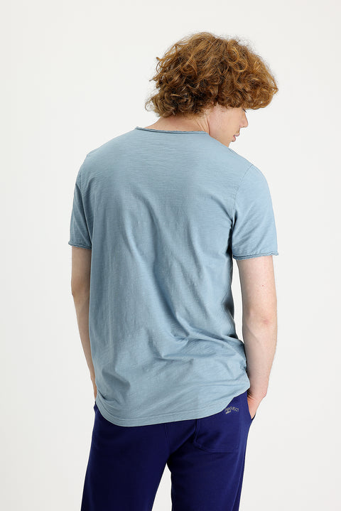 Dark Blue Crew Neck Slim Fit Printed Cotton T-Shirt