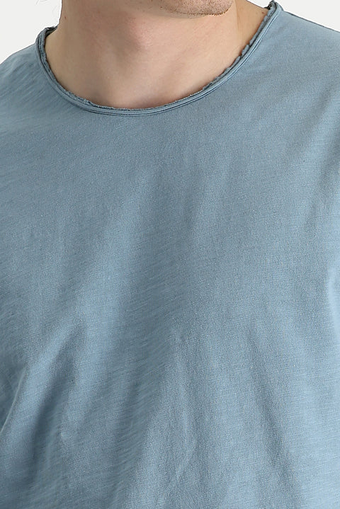 Dark Blue Crew Neck Slim Fit Printed Cotton T-Shirt