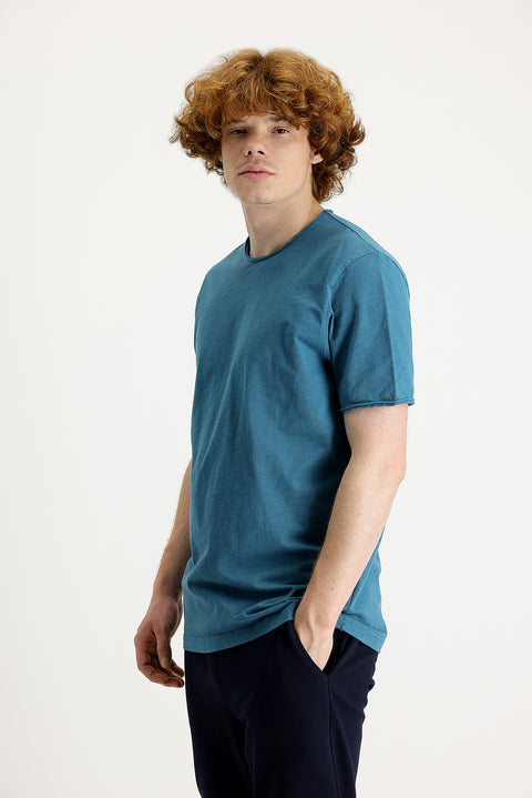 Dark Petrol Crew Neck Slim Fit Printed Cotton T-Shirt