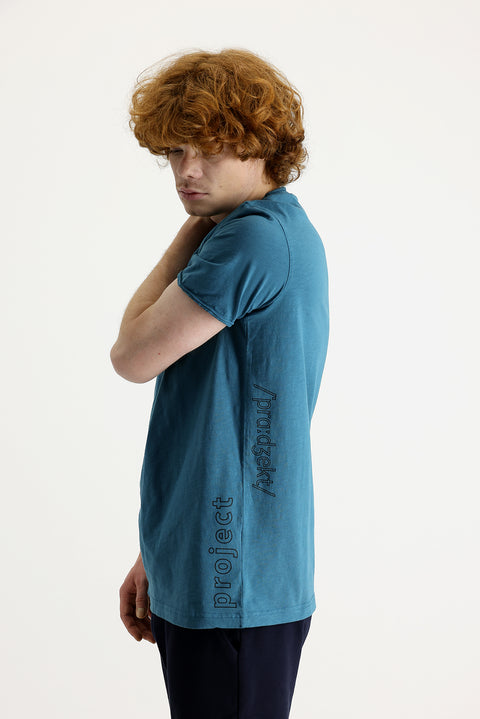 Dark Petrol Crew Neck Slim Fit Printed Cotton T-Shirt