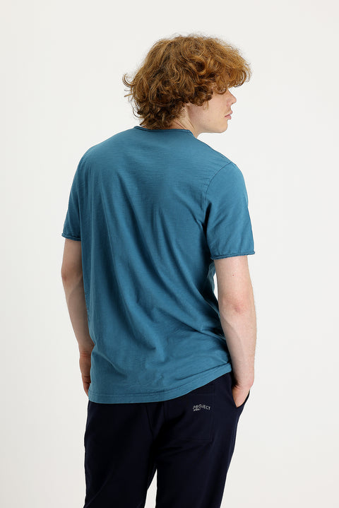 Dark Petrol Crew Neck Slim Fit Printed Cotton T-Shirt
