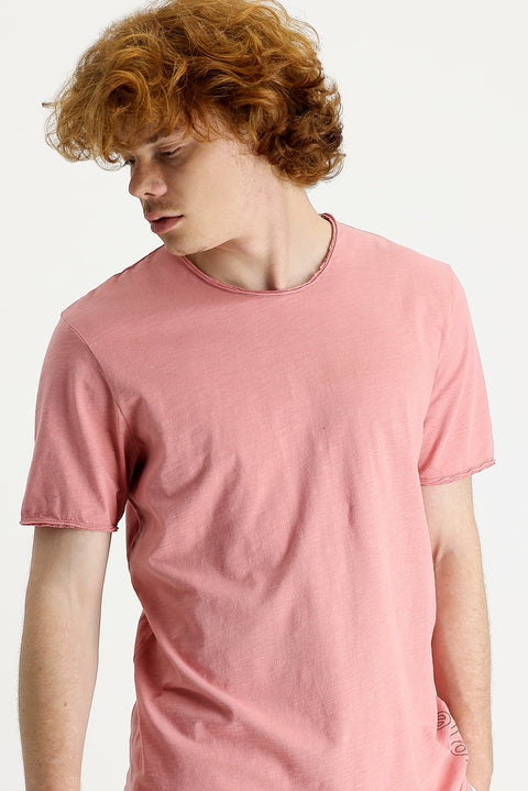 Medium Pink Crew Neck Slim Fit Printed Cotton T-Shirt