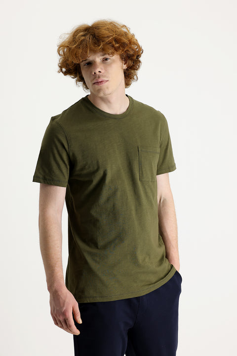 Medium Khaki Crew Neck Slim Fit Printed Cotton T-shirt