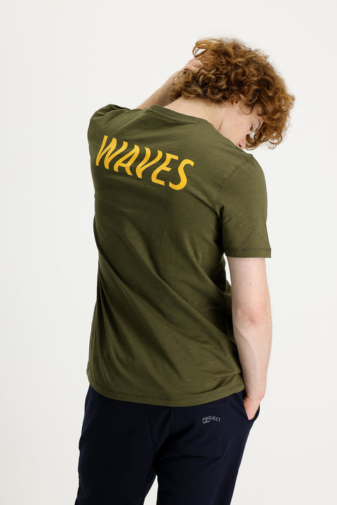 Medium Khaki Crew Neck Slim Fit Printed Cotton T-shirt