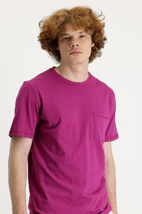 Fuchsia Crew Neck Slim Fit Printed Cotton T-shirt