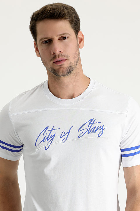 White Crew Neck Slim Fit Printed Cotton T-shirt