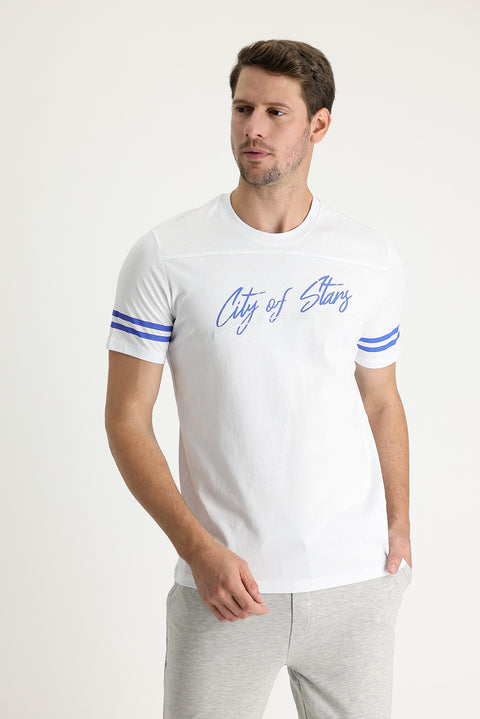 White Crew Neck Slim Fit Printed Cotton T-shirt