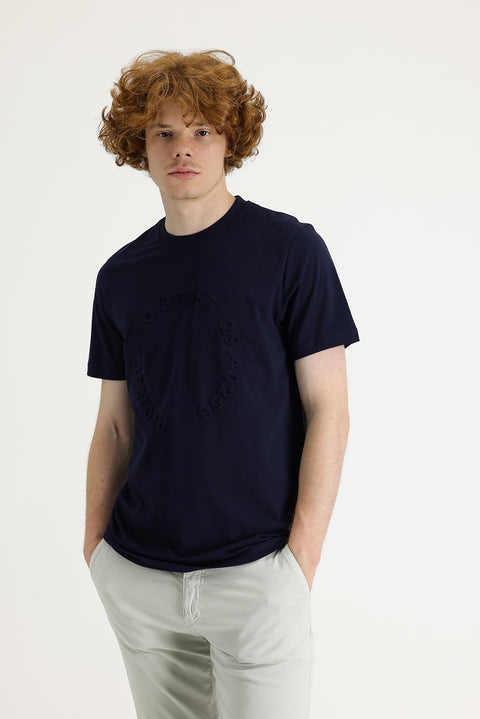 Black and Navy Blue Crew Neck Slim Fit Printed Cotton T-Shirt