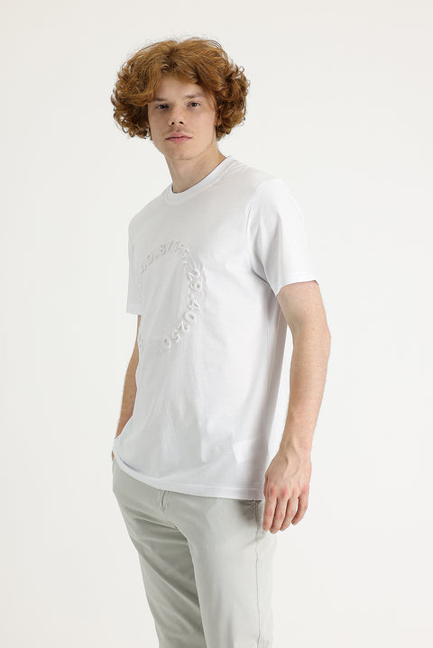 White Crew Neck Slim Fit Printed Cotton T-shirt
