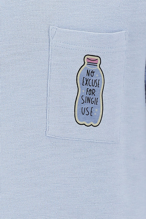 Light Blue Eco-Line Crew Neck Slim Fit Printed Cotton T-Shirt