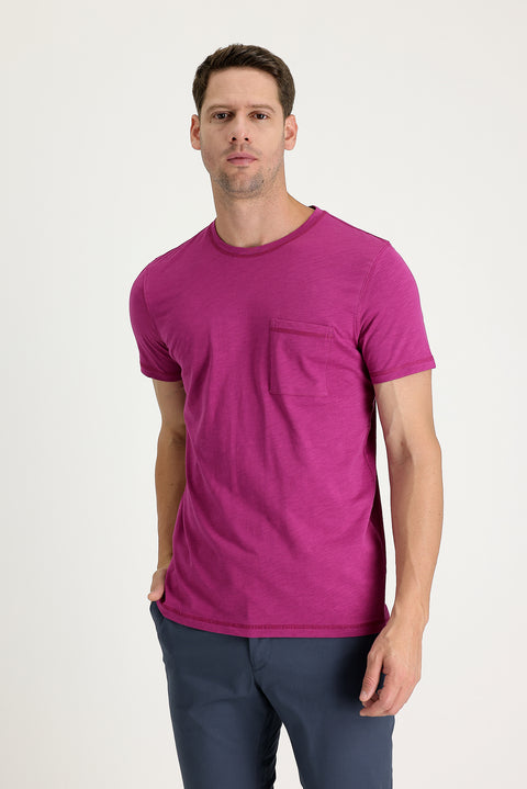 Fuchsia Crew Neck Slim Fit Printed Cotton T-shirt