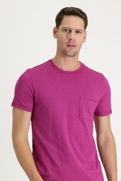 Fuchsia Crew Neck Slim Fit Printed Cotton T-shirt