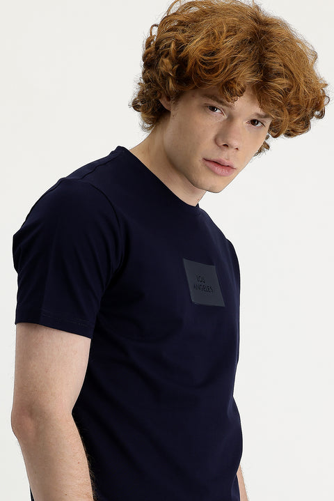 Black and Navy Blue Crew Neck Slim Fit Printed T-Shirt