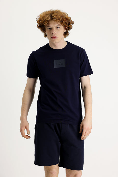 Black and Navy Blue Crew Neck Slim Fit Printed T-Shirt