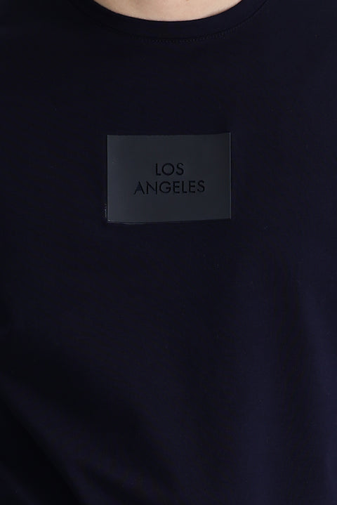 Black and Navy Blue Crew Neck Slim Fit Printed T-Shirt