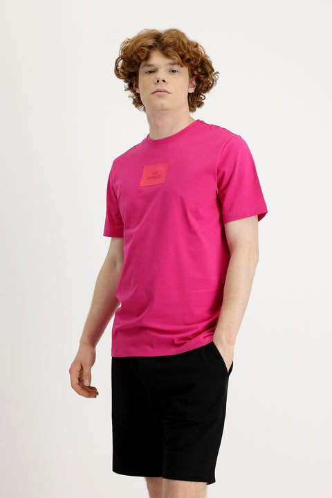 Fuchsia Crew Neck Slim Fit Printed T-Shirt