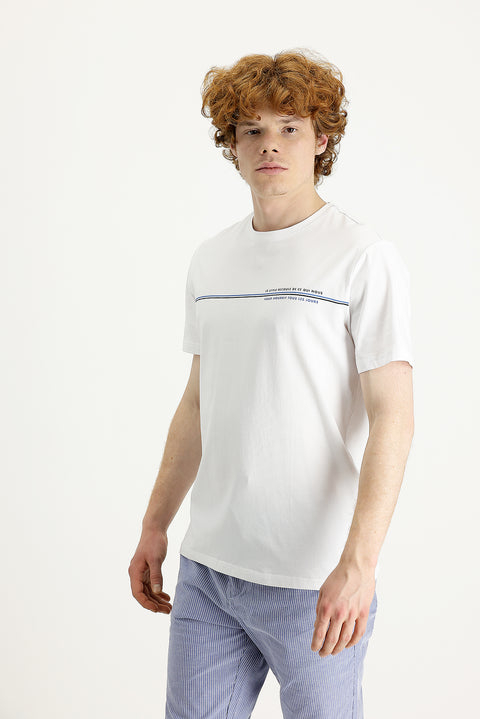 White Crew Neck Slim Fit Printed T-Shirt