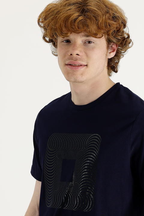 Black and Navy Blue Crew Neck Slim Fit Printed T-Shirt