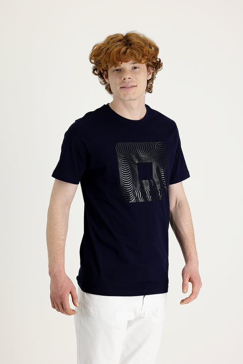 Black and Navy Blue Crew Neck Slim Fit Printed T-Shirt