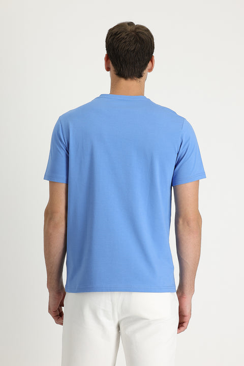Havacı Mavi Bisiklet Yaka Slim Fit Dar Kesim Baskılı Tişört