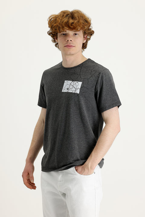 Dark Anthracite Crew Neck Slim Fit Printed Cotton T-Shirt