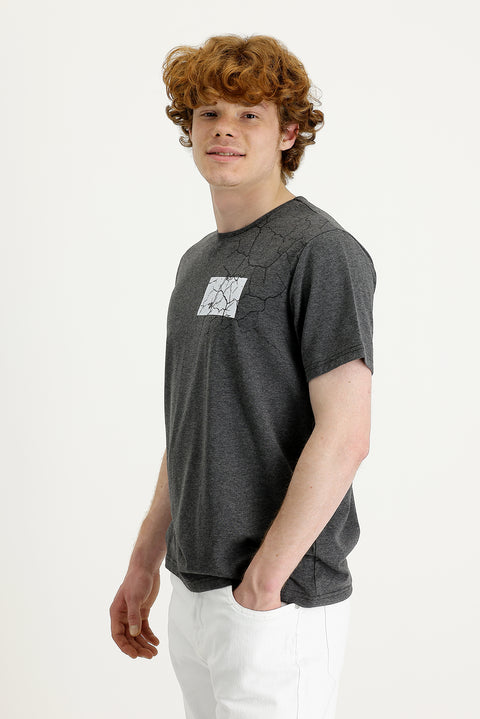 Dark Anthracite Crew Neck Slim Fit Printed Cotton T-Shirt