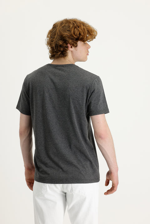 Dark Anthracite Crew Neck Slim Fit Printed Cotton T-Shirt