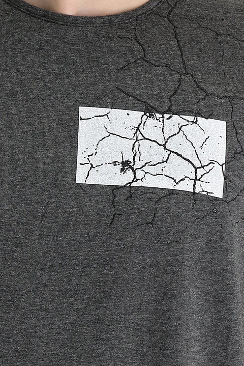 Dark Anthracite Crew Neck Slim Fit Printed Cotton T-Shirt