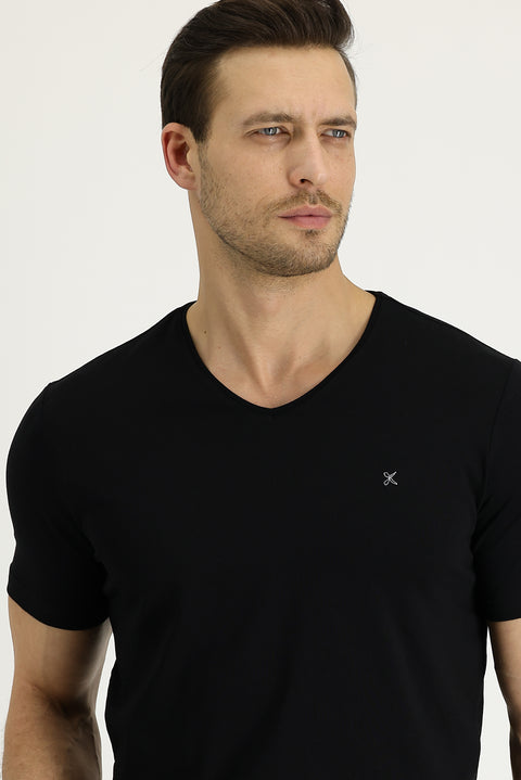 Black V-Neck Slim Fit Embroidered T-Shirt