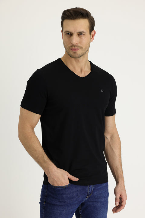 Black V-Neck Slim Fit Embroidered T-Shirt