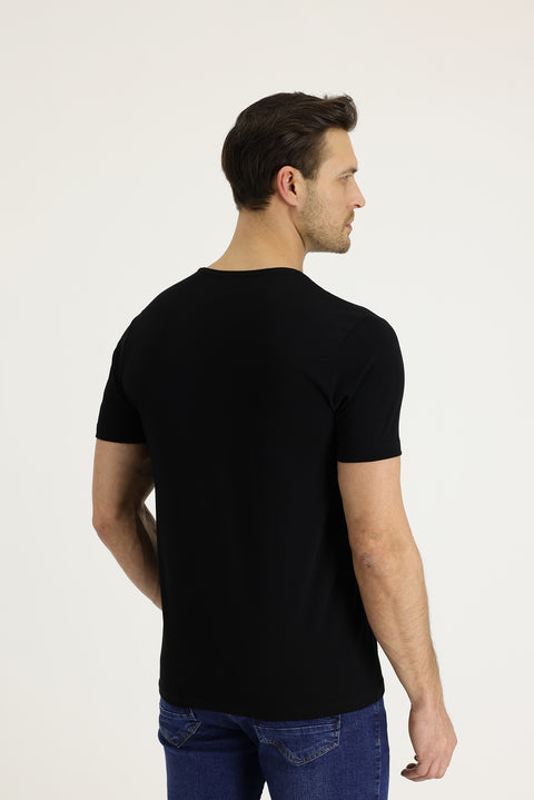 Black V-Neck Slim Fit Embroidered T-Shirt