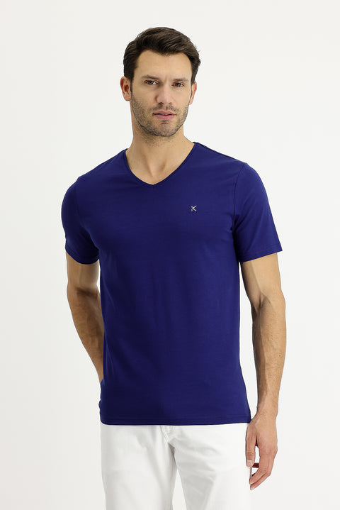 Medium Navy V-Neck Slim Fit Embroidered T-Shirt