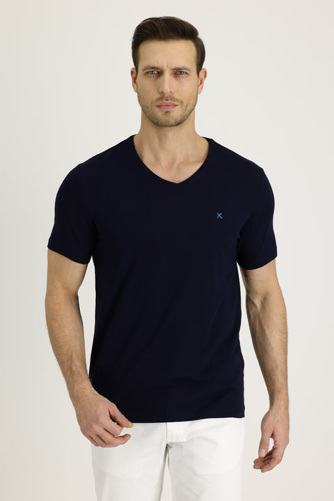 Black and Navy V-Neck Slim Fit Embroidered Cotton T-Shirt