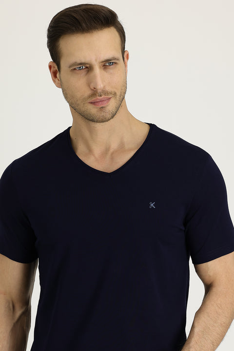 Black and Navy V-Neck Slim Fit Embroidered Cotton T-Shirt