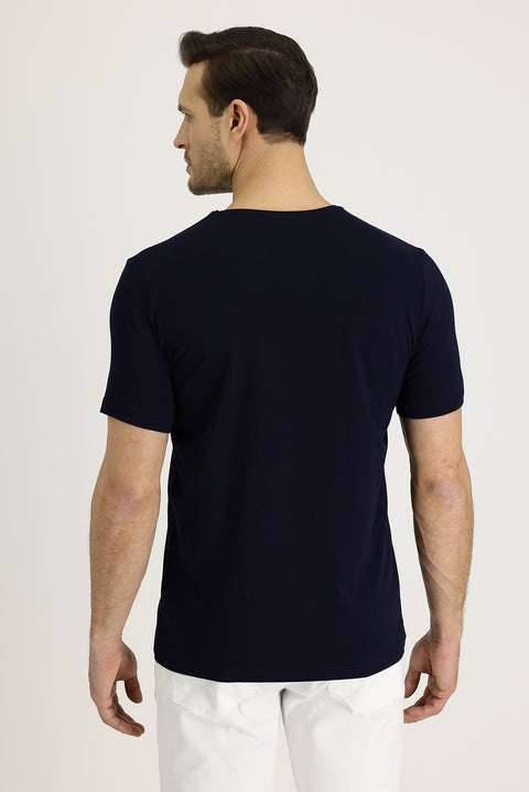 Black and Navy V-Neck Slim Fit Embroidered Cotton T-Shirt