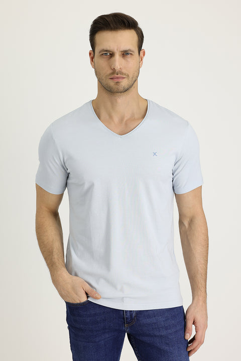 Light Blue V-Neck Slim Fit Embroidered Cotton T-Shirt
