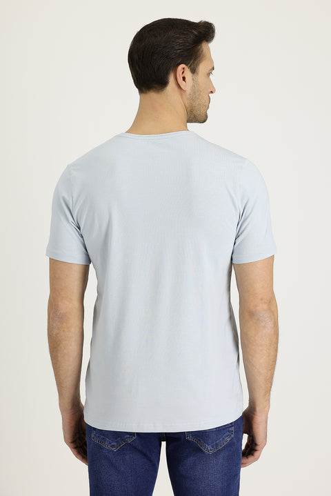 Light Blue V-Neck Slim Fit Embroidered Cotton T-Shirt