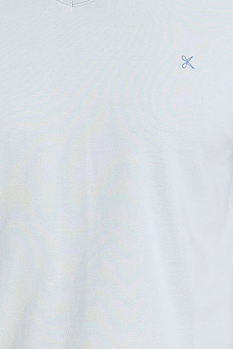 Light Blue V-Neck Slim Fit Embroidered Cotton T-Shirt