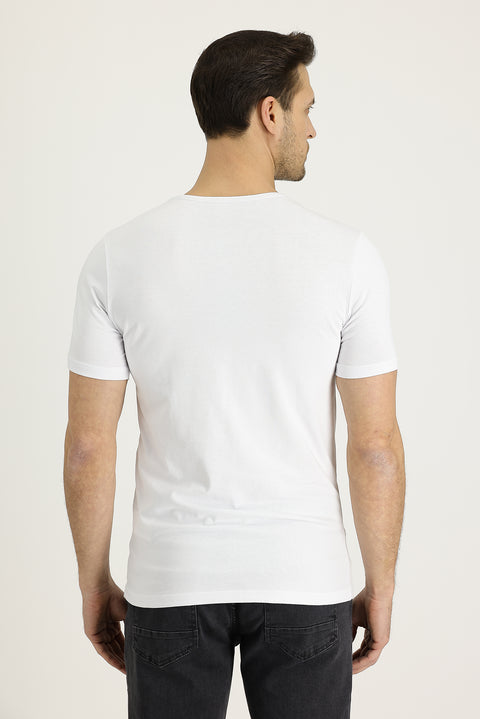 White V-Neck Slim Fit Embroidered T-Shirt
