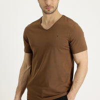 Tan V-Neck Slim Fit Embroidered T-Shirt