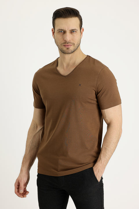 Tan V-Neck Slim Fit Embroidered T-Shirt