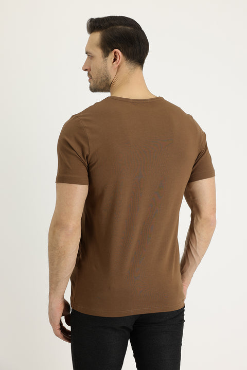 Tan V-Neck Slim Fit Embroidered T-Shirt