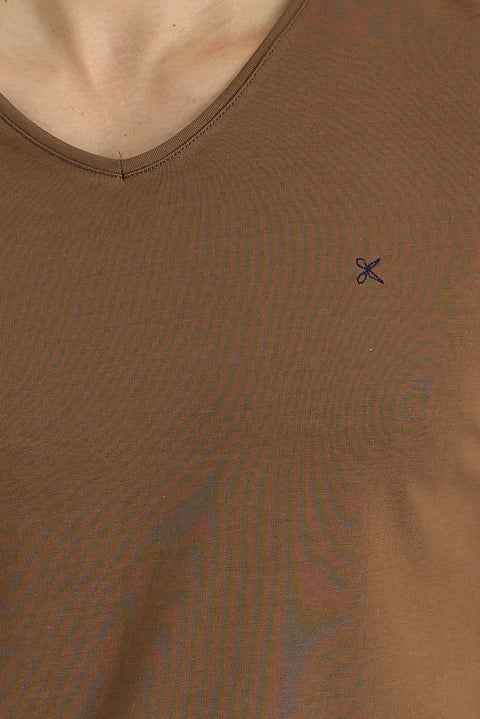 Tan V-Neck Slim Fit Embroidered T-Shirt