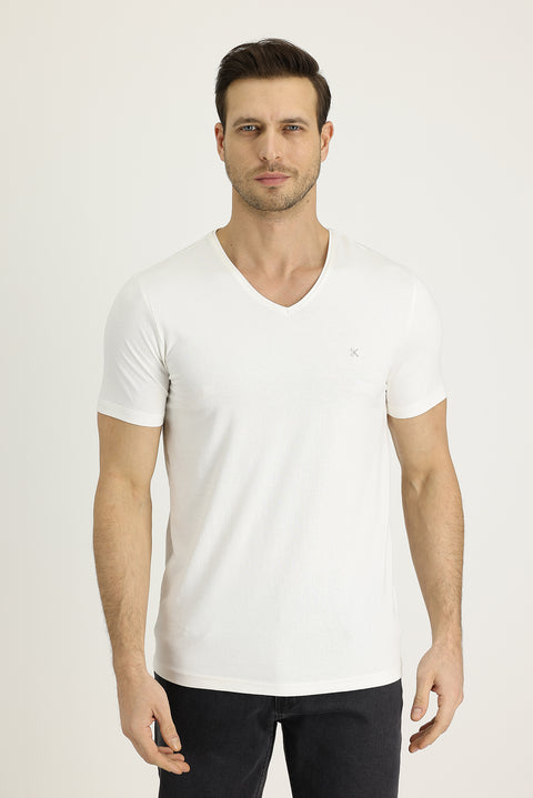 Off-white V-neck slim fit embroidered t-shirt.
