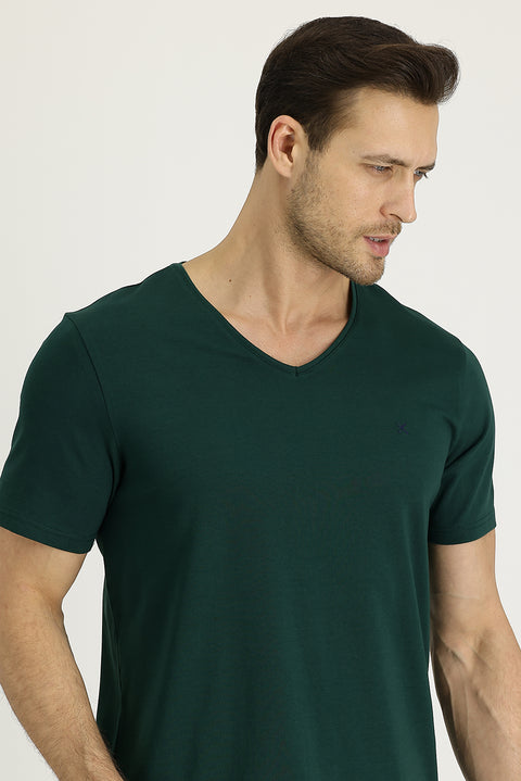 Dark Green V-Neck Slim Fit Embroidered Cotton T-Shirt