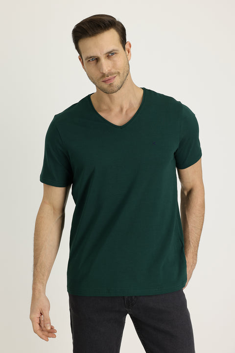 Dark Green V-Neck Slim Fit Embroidered Cotton T-Shirt