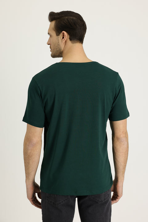 Dark Green V-Neck Slim Fit Embroidered Cotton T-Shirt