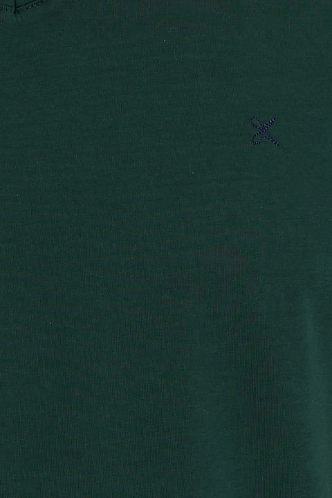 Dark Green V-Neck Slim Fit Embroidered Cotton T-Shirt
