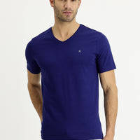 Medium Navy V-Neck Slim Fit Cotton T-Shirt