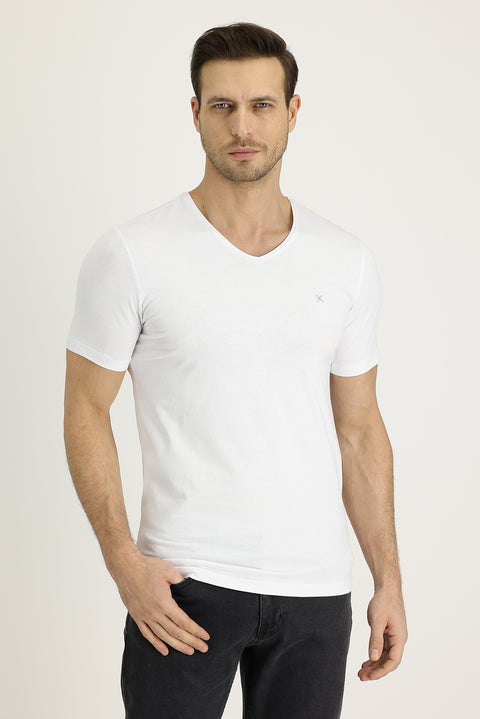 White V-Neck Slim Fit Cotton T-Shirt